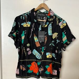 Nicole Miller Black and Red Retro Hawaiian Button Down Shirt